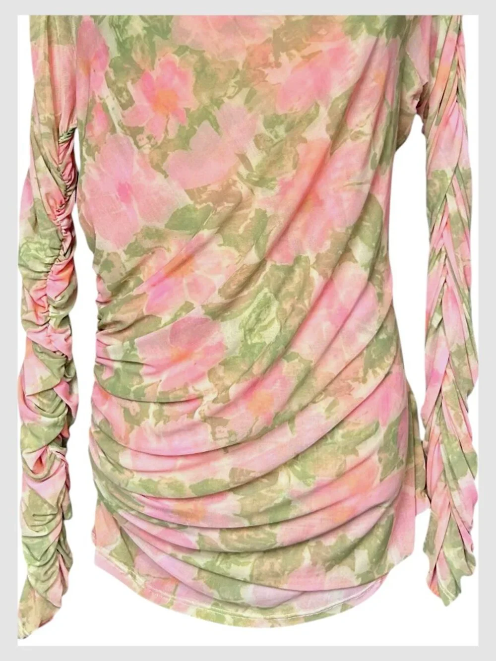 Free People Priya Blouse Pink Floral Mesh Ruched Off Shoulder L